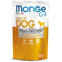 MONGE Grill Junior, XS-XL, Pui și Curcan, plic hrană umedă câini junior, (în suc propriu), 100g