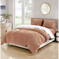 Lenjerie de Pat Dublu, CoCoLiNo Ultra Pufoasa, cu Blanita Sherpa Alba, 4 piese, Cearsaf cu ELASTIC, Model Traditional 3D, Caramel