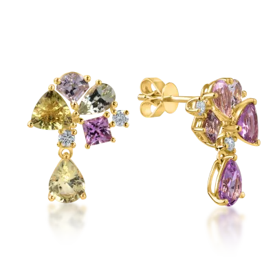 Cercei geometrici din aur galben cu safire multicolore de 3.76ct