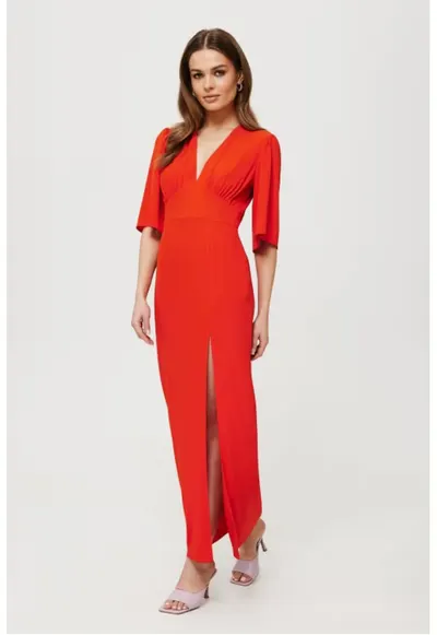 Rochie maxi cu crapatura pe picior - - Rosu vermillion