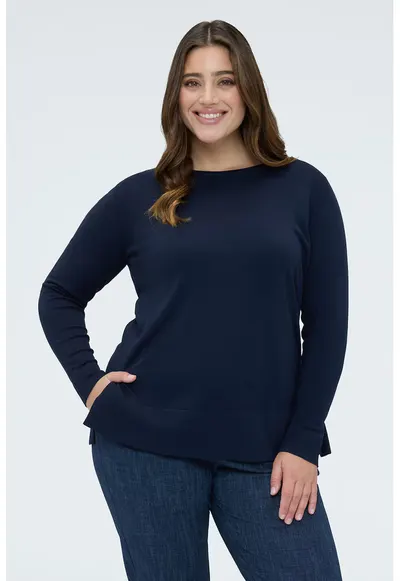 Pulover cu decolteu la baza gatului si model uni - Bleumarin