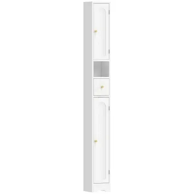 HOMCOM Dulap de baie îngust cu sertar uși arcuite compartiment deschis raft reglabil 20x20x185 cm Alb | Aosom Romania