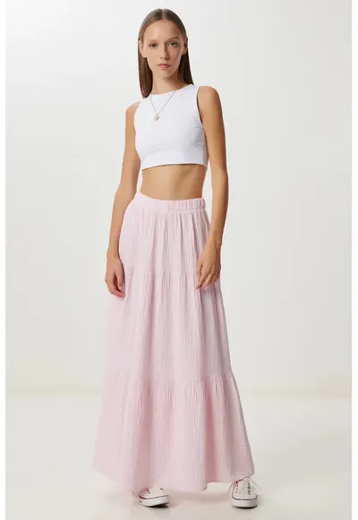 Fusta maxi - Happiness Istanbul - talie inalta - roz - bumbac