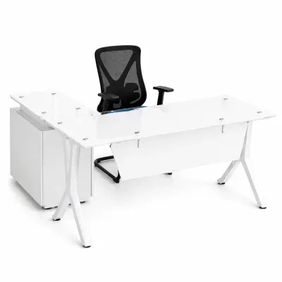 Set Evolution & Novaire - Birou cu blat din sticla,dulap lateral fix si Scaun de birou ergonomic cu spatar din plasa