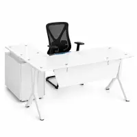 Set Evolution &amp; Novaire - Birou cu blat din sticla,dulap lateral fix si Scaun de birou ergonomic cu spatar din plasa