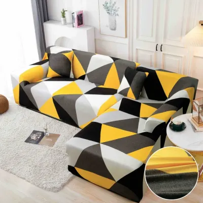 Set husa pentru coltar M + L, Elastica, Jojo Home, Gri, Galben, Forme Geometrice