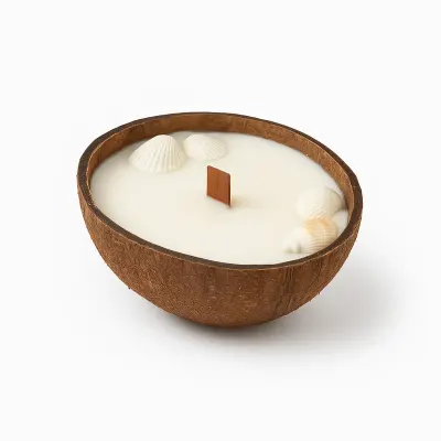 Lumânare parfumată din ceară de soia în bol de nucă de cocos – Sare de mare & Cocos | Fitil din lemn, scoici naturale - Default Title