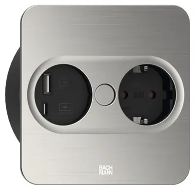 Contact pentru încorporare Bachmann - TWIST, 1x Schuko, USB-A+C, 2 m, pătrat, inox