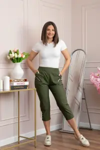 Pantaloni dama 3 4 Jenny kaki cu talie elastica si fermoare decorative