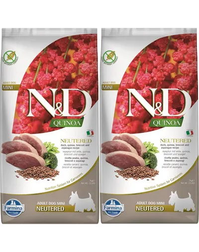 FARMINA N&amp;D Quinoa Neutere Adult Mini duck, broccoli &amp; asparagus 2 x 7 kg hrana caini sterilizati/castrati talie mica