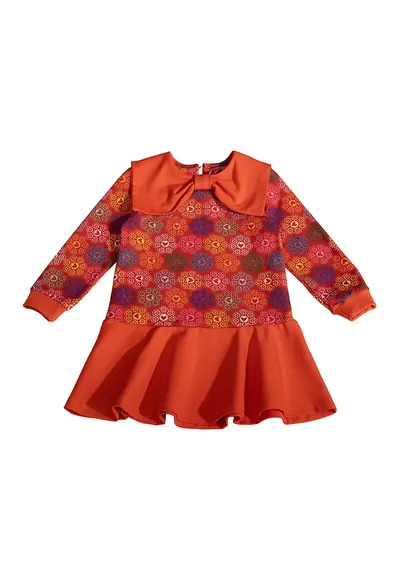 Rochie evazata cu model si guler cu funda - Multicolor