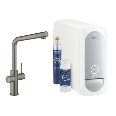 Set bucatarie Grohe Blue Home 31454AL1, 3/8, monocomanda, pipa inalta, filtrare, racire, apa carbogazoasa, cartus ceramic, pivotanta, mat, Hard graphite