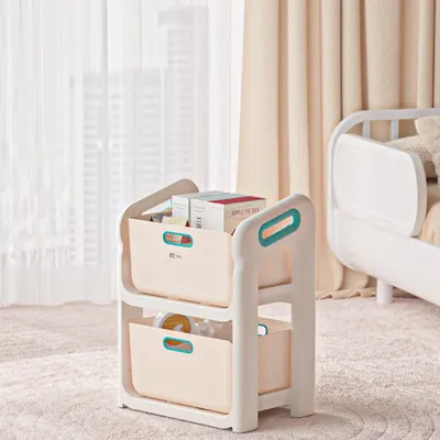 Organizator jucarii Little Mom Beige cu 2 compartimente, manere ergonomice, margini rotunjite, dimensiuni 50.2 x 34.8 x 66 cm