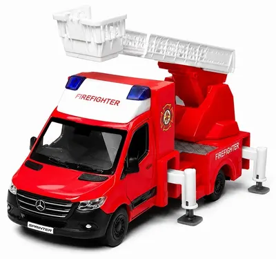 Mașinuță metalică Kinsmart Firefighter Edition - Mercedes-Benz Sprinter, cu scară, 1:48