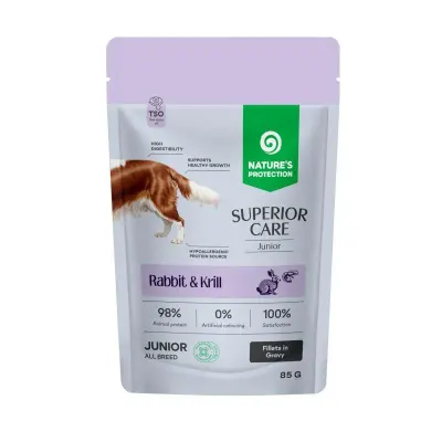 Superior Care Grain Free Junior Hrana Umeda cu Iepure si Krill in Sos 85 Gr