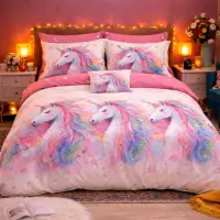 Lenjerie pat dublu cu ELASTIC, Finet, 6 piese, Roz, Bleu, unicorni fantasy