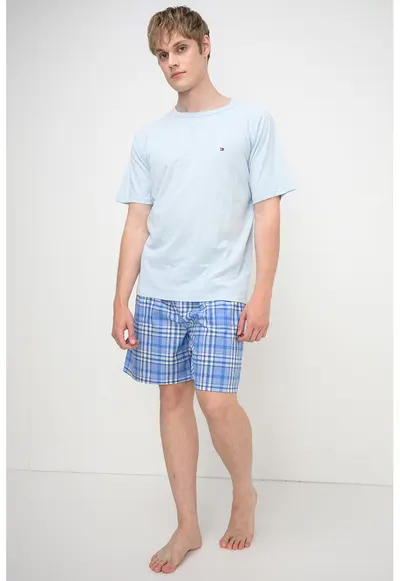 Pijama scurta din bumbac - Alb/Albastru deschis