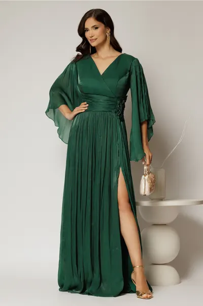 Rochie lunga verde seara din voal peliculizat cu aplicatii pe talie