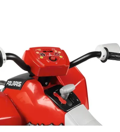 ATV electric pentru copii Peg Perego Polaris Outlaw 330 W 12V Negru rosu, tractiune pe doua roti, schimbator de viteza, lumini led, suport pentru picioare, sarcina maxima 40 kg