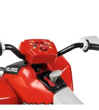 ATV electric pentru copii Peg Perego Polaris Outlaw 330 W 12V Negru rosu, tractiune pe doua roti, schimbator de viteza, lumini led, suport pentru picioare, sarcina maxima 40 kg