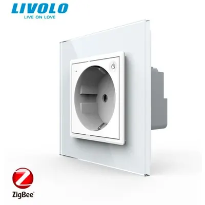 Priza simpla Schuko, inteligenta ZigBee, control aplicatie, cu rama sticla Alb