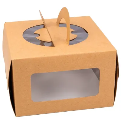 Cutii pătrate kraft cu fereastră și mâner decorativ (set 10 buc) - 26x26x10cm