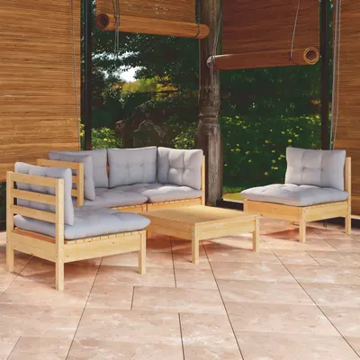 vidaXL Set mobilier de grădină cu perne gri, 5 piese, lemn masiv pin