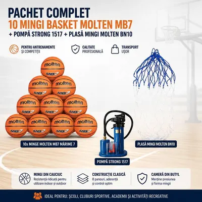 Pachet 10 mingi baschet Molten MB7 marime 7 + pompa universala + plasa mingi