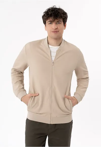 Bluza de trening cu fermoar si guler baseball - barbati - regular fit - buzunare - B-Bonet - bej - Bej