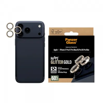 Folie de protectie Camera Spate PanzerGlass Hoops Glitter pentru Apple iPhone 17 Pro Max / 17 Pro / 16 Pro Max / 16 Pro, Sticla Securizata, Aurie