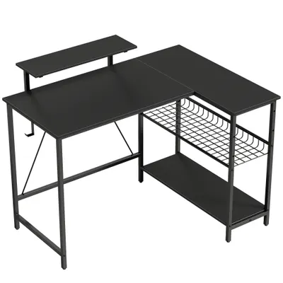 HOMCOM Birou gaming reversibil, birou de colț, suport pentru monitor, etajeră din plasă reglabilă, 114,5x82x91,5cm, negru | Aosom Romania