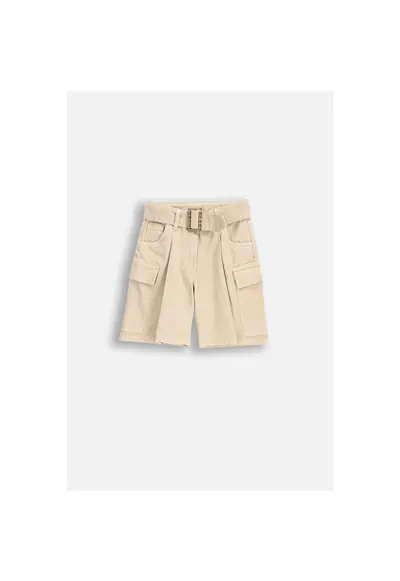 Pantaloni scurti copii - ecru - bumbac - curea reglabila - buzunare practice