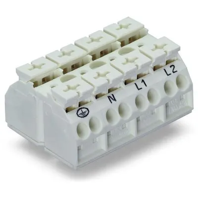 4-conductor chassis-mount terminal strip; 4-pole; PE-N-L1-L2; with ground contact; 1 snap-in foot per pole; 4 mm²; 4,00 mm²; white