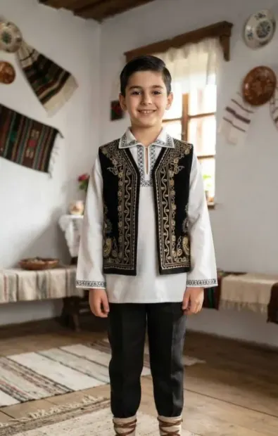 Vesta neagra traditionala pentru copii cu broderie crem