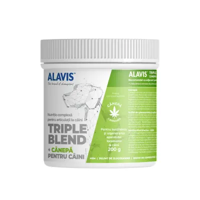 ALAVIS Triple Blend + CBD, supliment sistem articular, sistem nervos & calmante câini, pudră ALAVIS Triple Blend + CBD, XS-XL, supliment sistem articular, sistem nervos & calmante câini, flacon, 200g pudră