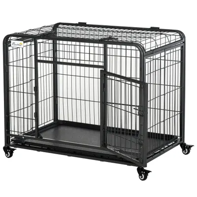 PawHut Tarc pentru caini pliabil, ușă dublă cu blocare 4 roți cu frână și fund detașabil, 109.5x71x78cm, Negru | Aosom Romania