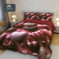Cuvertura Matlasata, Bumbac Finet, cu Imprimeu 5D, 220x240cm + 2 fete de perna 50x70cm, Roz, Maro, Inimioare de Ciocolata