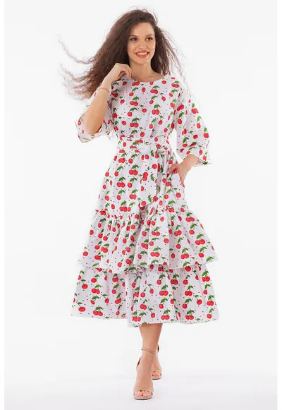 Rochie evazata cu imprimeu cu fructe - Rosu/Alb/Verde