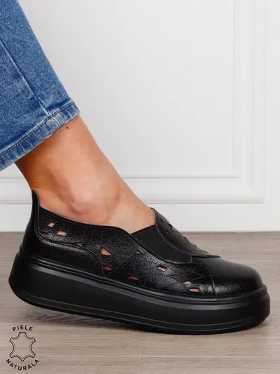 PANTOFI CASUAL Dama Piele Naturala Perforat Slip-on CRL1594 NEGRU