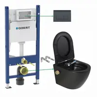 Set vas wc suspendat cu functie bideu si baterie auriu mat Foglia Oslo, rezervor incastrat si clapeta negru lucios, Geberit Delta
