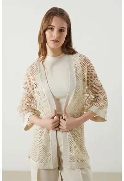 Cardigan crostat cu perforatii - Bej deschis
