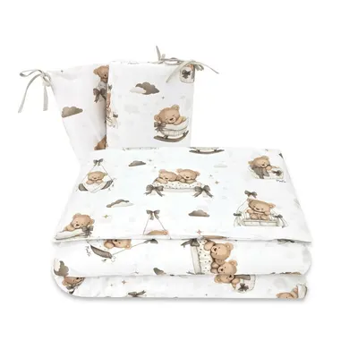Lenjerie patut 3 piese, MimiNu, Pentru patut 120x60 cm, Cu protectie laterala, Din bumbac certificat Oeko Tex Standard 100, Tedy bear dreams beige