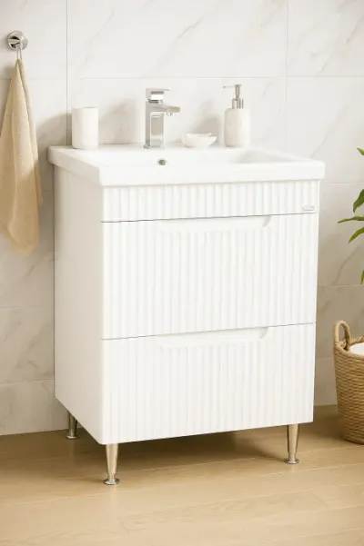 Set Baza front MDF si Lavoar seria 733, cu sertare, 60 cm, alb rustic