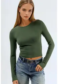 Bluza dama - maneca lunga - guler rotund - verde kaki - bumbac-elastan