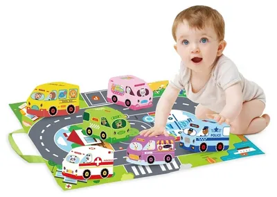Covoraș de joacă pentru bebeluși Raya Toys - 2 în 1, 6 mașinuțe moi