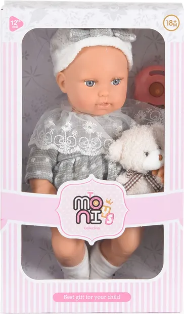Păpuşă Moni Toys - Lovely Baby, cu rochie gri si accesorii, 30 cm