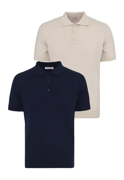 Set de tricouri din bumbac cu guler polo - 2 piese - Bej/Bleumarin