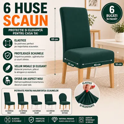 Set 6 Husa Pentru Scaun, 65x40x35 cm, Catifea, Verde , Elastic, Protectie Impotriva Murdariei, Spalare La Masina La 30 De Grade