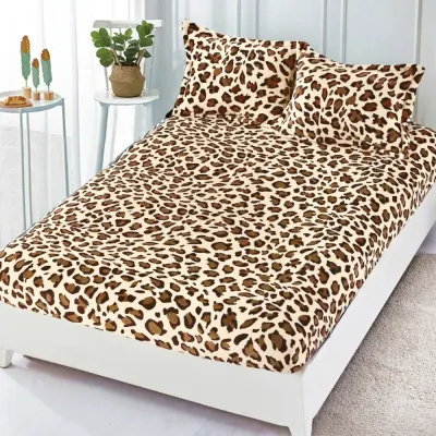 Cearsaf / Husa cu Elastic Cocolino 180x200cm si 2 fete de perna 50x70cm, Bej, Maro, Animal Print