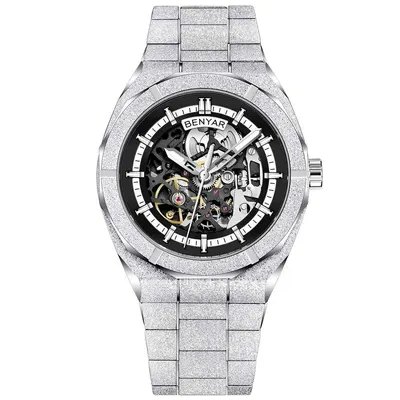 Ceas bărbătesc BENYAR BY-5212M, mecanic automat, skeleton, oțel inoxidabil, geam mineral întărit, rezistent la apă